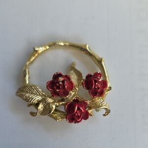 Gold and Red Floral Brooch